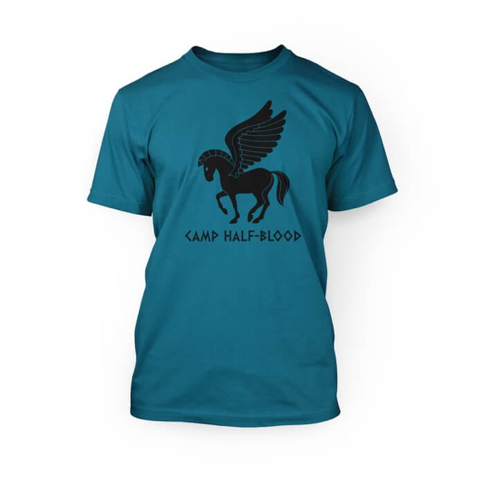 "Black pegasus graphic and camp half-blood lettering on an aqua crew neck unisex t-shirt"