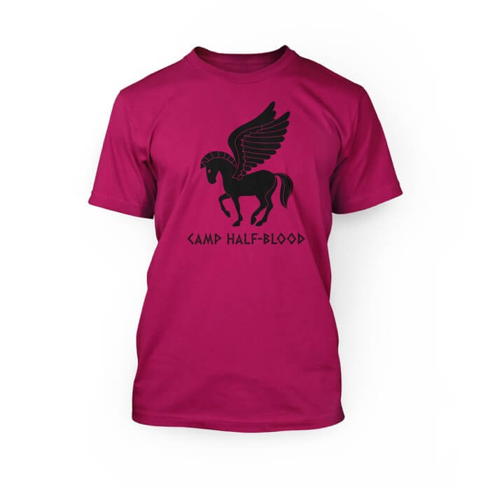 "Black pegasus graphic and camp half-blood lettering on a berry crew neck unisex t-shirt"