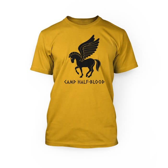 "Black pegasus graphic and camp half-blood lettering on a gold crew neck unisex t-shirt"