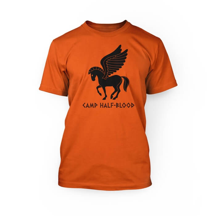 "Black pegasus graphic and camp half-blood lettering on an orange crew neck unisex t-shirt"