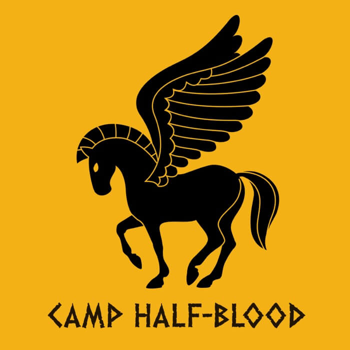 "Black pegasus graphic and camp half-blood lettering on top of a gold image"