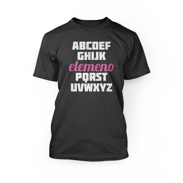 "white and pink alphabet on a dark grey heather crew neck unisex t-shirt"