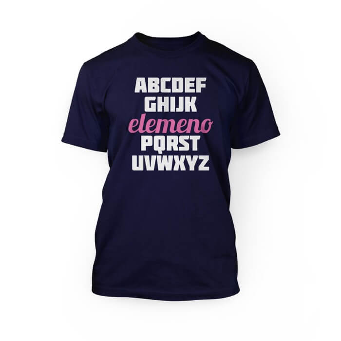 "white and pink alphabet on a navy crew neck unisex t-shirt"