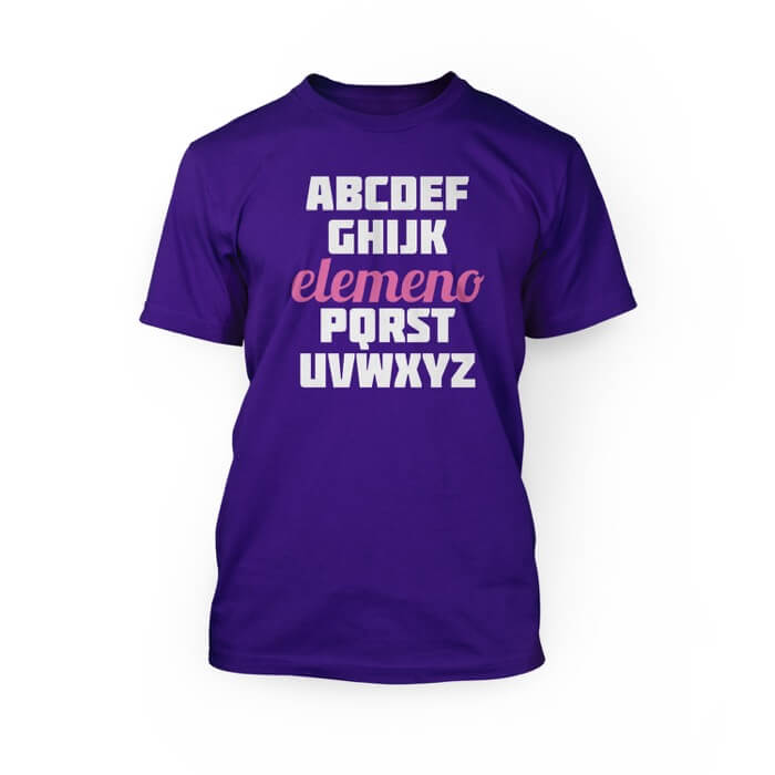"white and pink alphabet on a team purple crew neck unisex t-shirt"