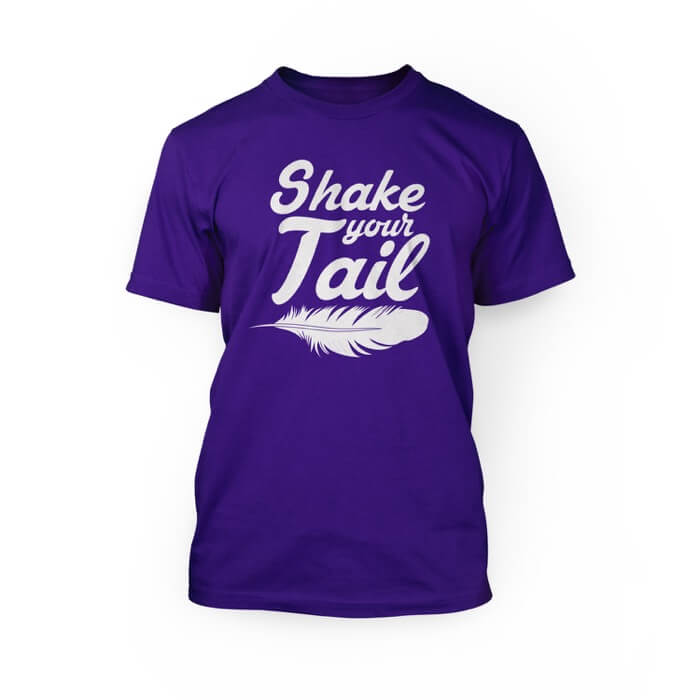 "white shake your tail lettering and a feather graphic on a team purple crew neck unisex t-shirt"