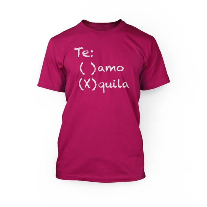 "white te amo tequila lettering on a berry crew neck unisex black t-shirt"