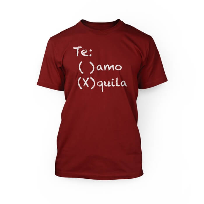"white te amo tequila lettering on a red crew neck unisex black t-shirt"