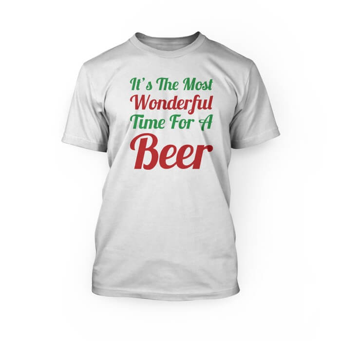 "Red and green it's the most wonderful time for a beer lettering on a white crew neck unisex t-shirt"