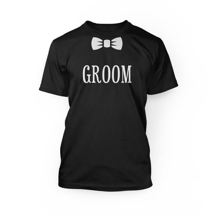 "white bow graphic and groom lettering on a black crew neck unisex t-shirt"