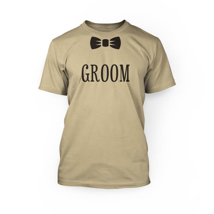 "black bow graphic and groom lettering on a soft cream crew neck unisex t-shirt"