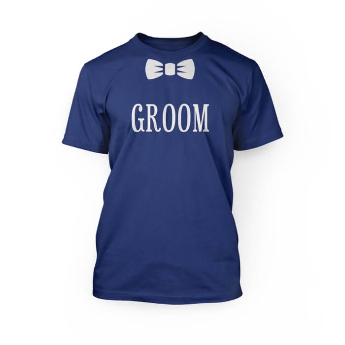 "white bow graphic and groom lettering on a true royal crew neck unisex t-shirt"