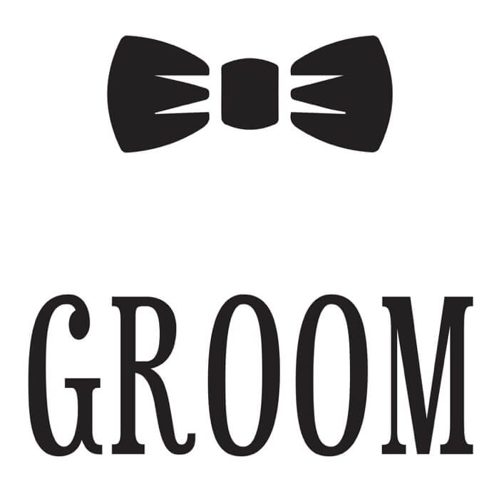 "black bow graphic and groom lettering on top of a white t-shirt"