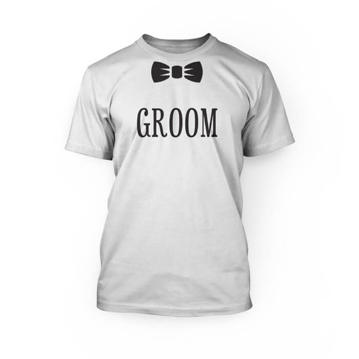 "black bow graphic and groom lettering on a white crew neck unisex t-shirt"