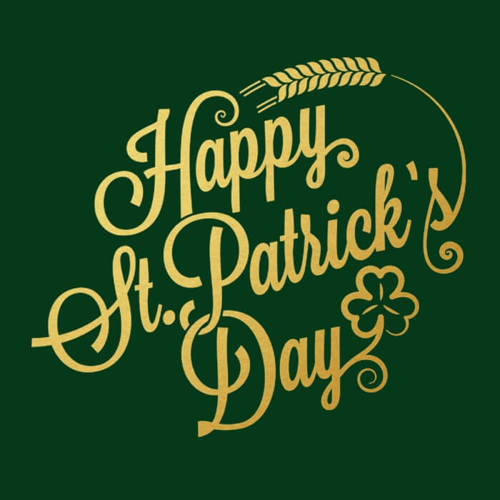 "gold happy st patrick's day graphic on a kelly green image"