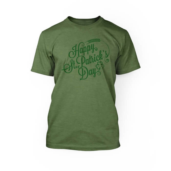 "green happy st patrick's day graphic on a heather green crew unisex t-shirt"