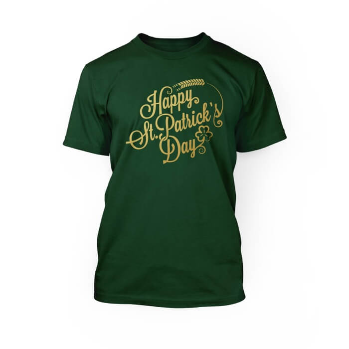 "gold happy st patrick's day graphic on a kelly green crew unisex t-shirt"