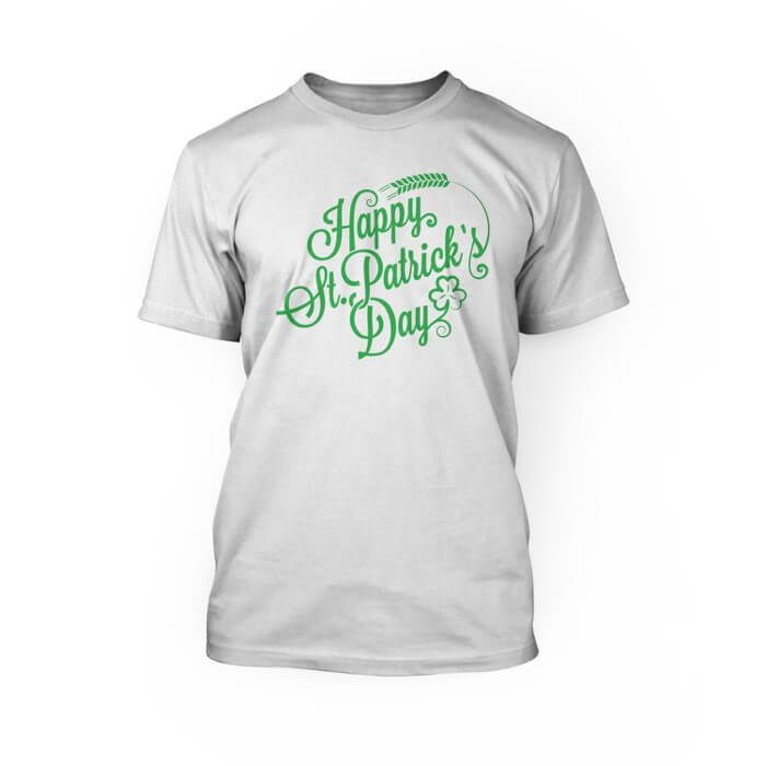 "green happy st patrick's day graphic on a white crew unisex t-shirt"