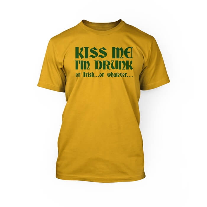 "green kiss me i'm drunk or irish or whatever medieval lettering on a gold crew neck unisex t-shirt"
