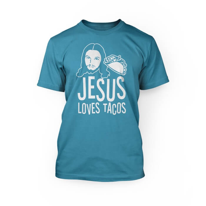 "white jesus loves tacos lettering and graphics of a taco and jesus face on the front of an aqua crew neck unisex t-shirt"