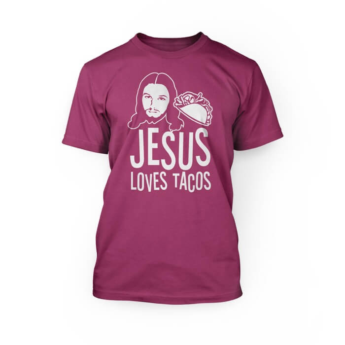 "white jesus loves tacos lettering and graphics of a taco and jesus face on the front of a berry crew neck unisex t-shirt"