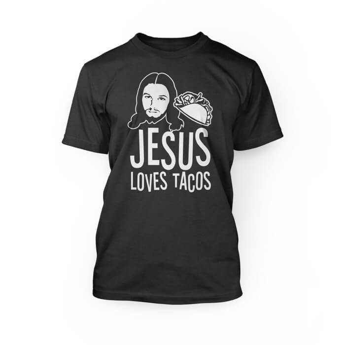 "white jesus loves tacos lettering and graphics of a taco and jesus face on the front of a dark grey heather crew neck unisex t-shirt"