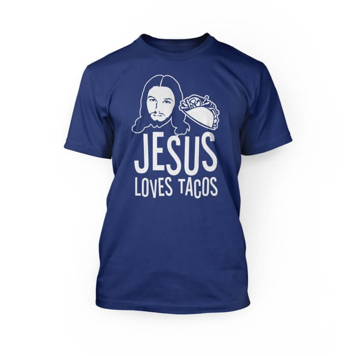 "white jesus loves tacos lettering and graphics of a taco and jesus face on the front of a true royal crew neck unisex t-shirt"