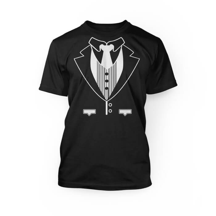 "white and blue tuxedo graphic on the front of a black crew neck unisex t-shirt"