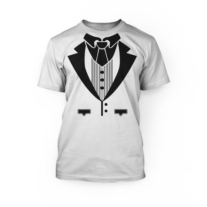 "black and blue tuxedo graphic on the front of a white crew neck unisex t-shirt"