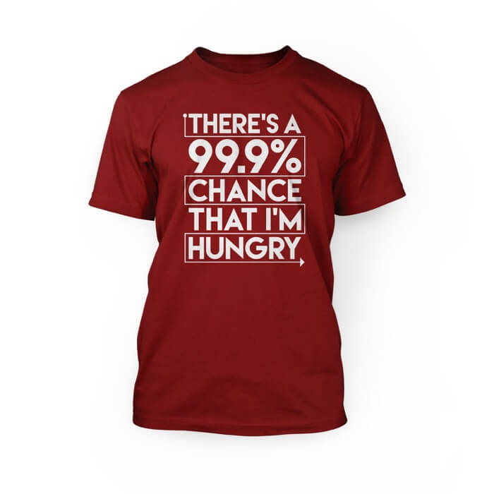 "white there's a 99% chance that i'm hungry design on the front of a red crew neck unisex t-shirt"
