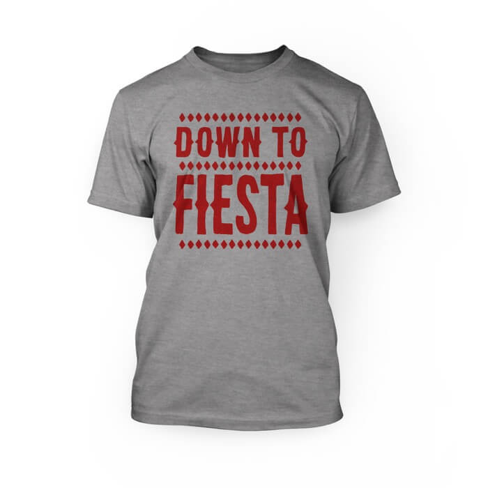 "red down to fiesta design on the front of an athletic heather crew neck unisex t-shirt"