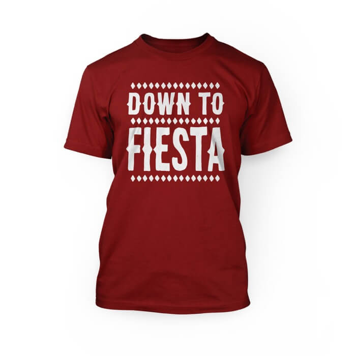 "white down to fiesta design on the front of a red crew neck unisex t-shirt"