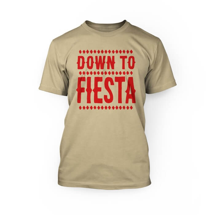 "red down to fiesta design on the front of a soft cream crew neck unisex t-shirt"