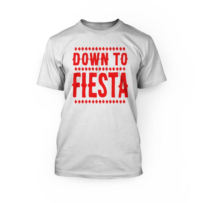 "red down to fiesta design on the front of a white crew neck unisex t-shirt"