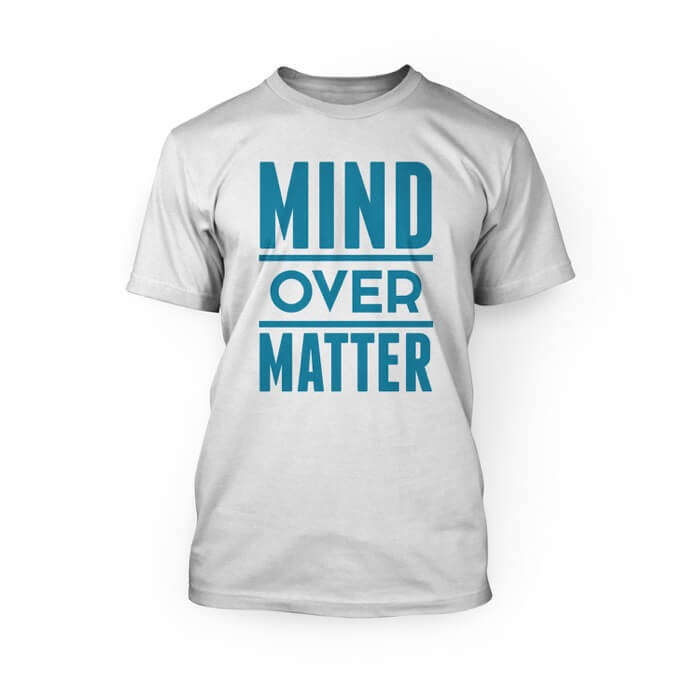 "blue mind over matter design on the top of a white crew neck unisex t-shirt"