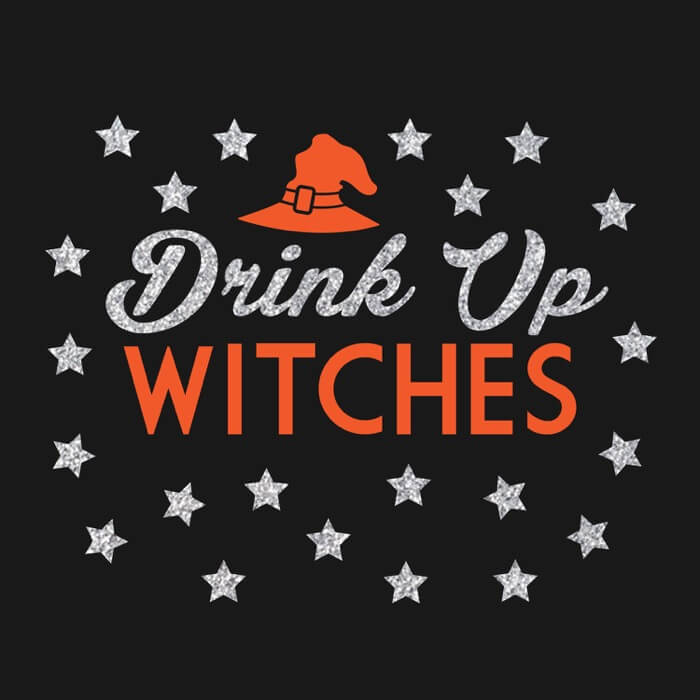 "silver glitter and orange drink up witches design on the front of a black image"