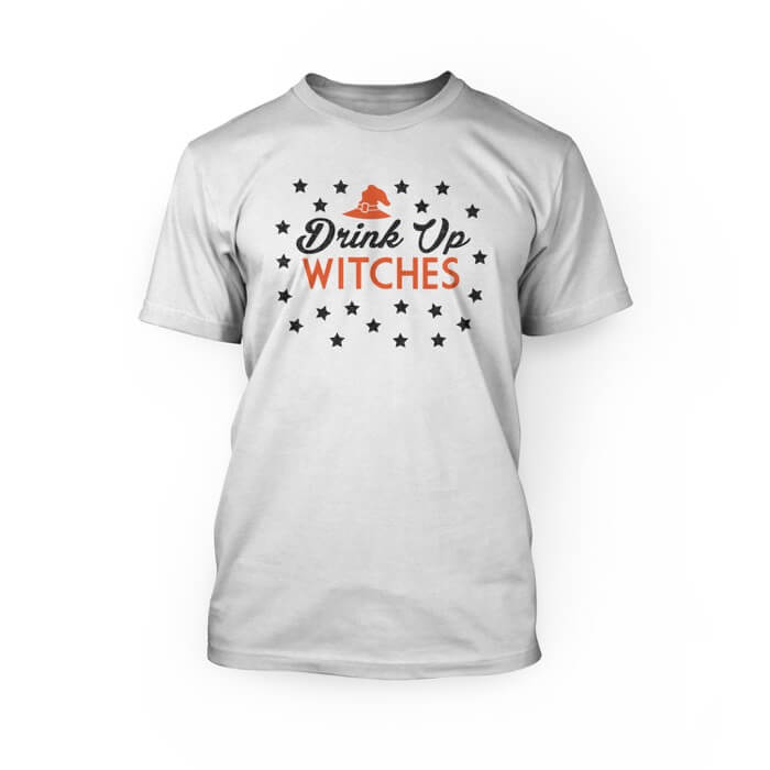 "black glitter and orange drink up witches design on the front of a white crew neck unisex t-shirt"