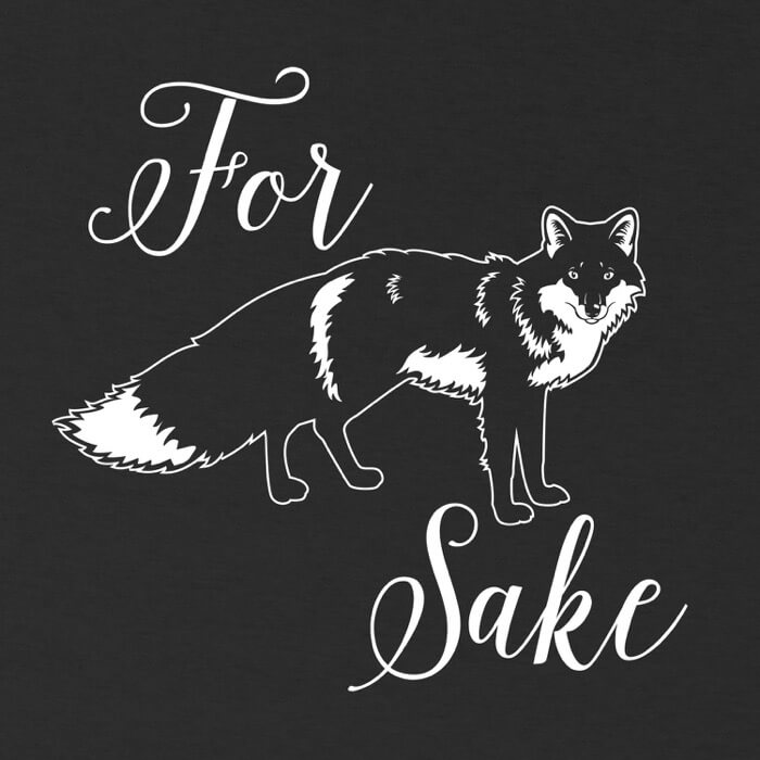 "pink for graphic of a fox sake cursive font design on the front of a dark grey heather image"