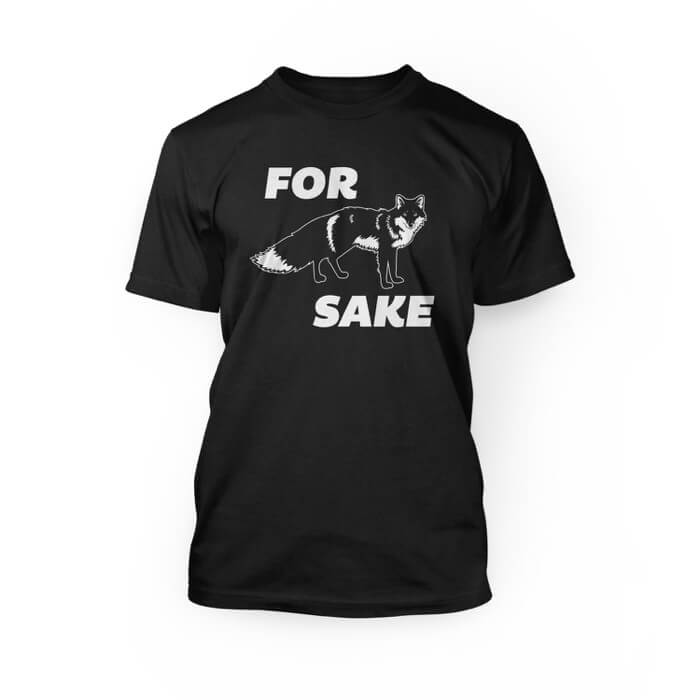 "pink for graphic of a fox sake simple font design on the front of a black crew neck unisex t-shirt"