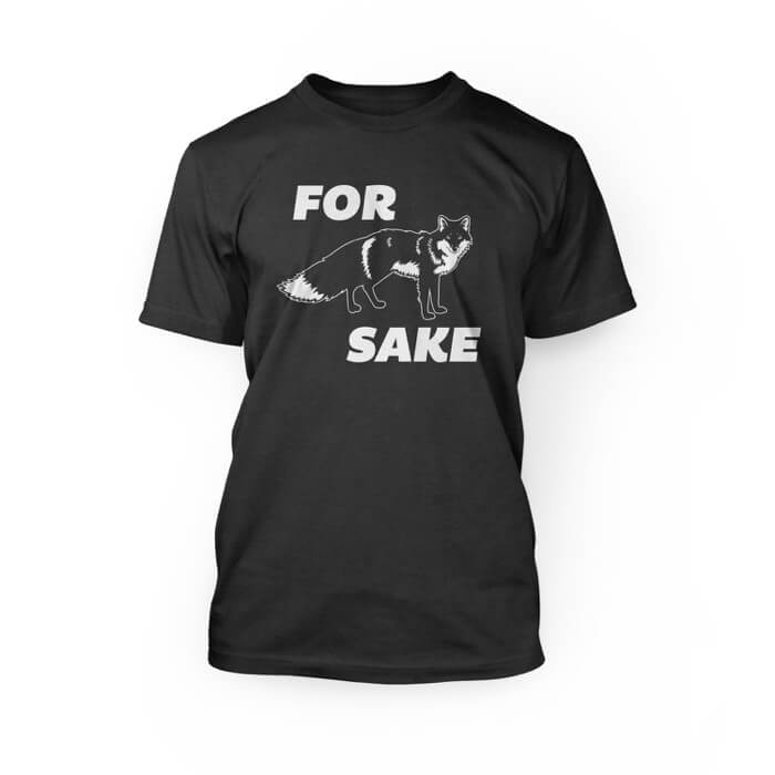 "pink for graphic of a fox sake simple font design on the front of a dark grey heather crew neck unisex t-shirt"