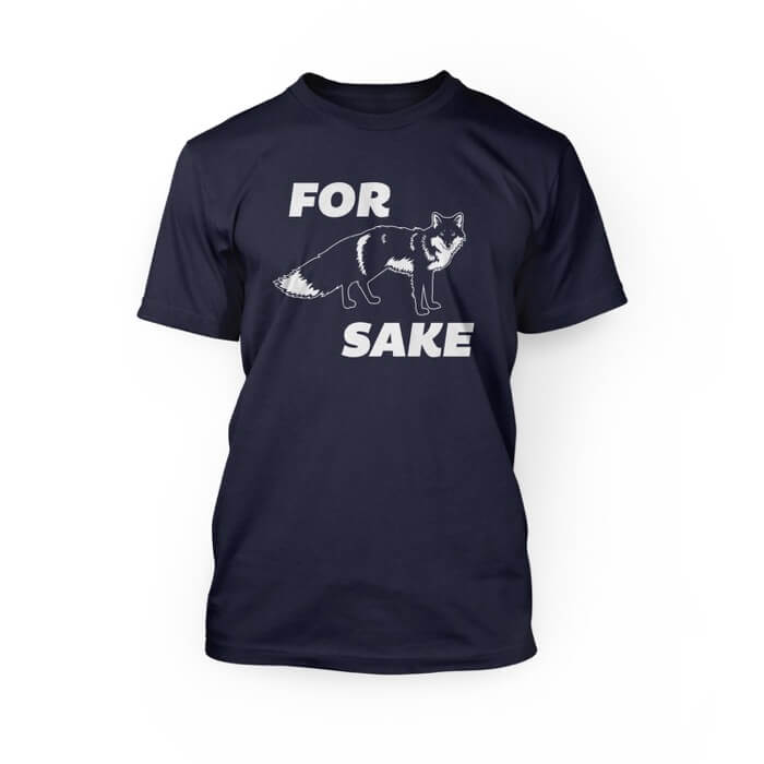 "pink for graphic of a fox sake simple font design on the front of a navy crew neck unisex t-shirt"