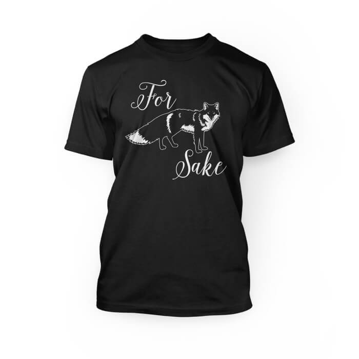 "pink for graphic of a fox sake cursive font design on the front of a black crew neck unisex t-shirt"