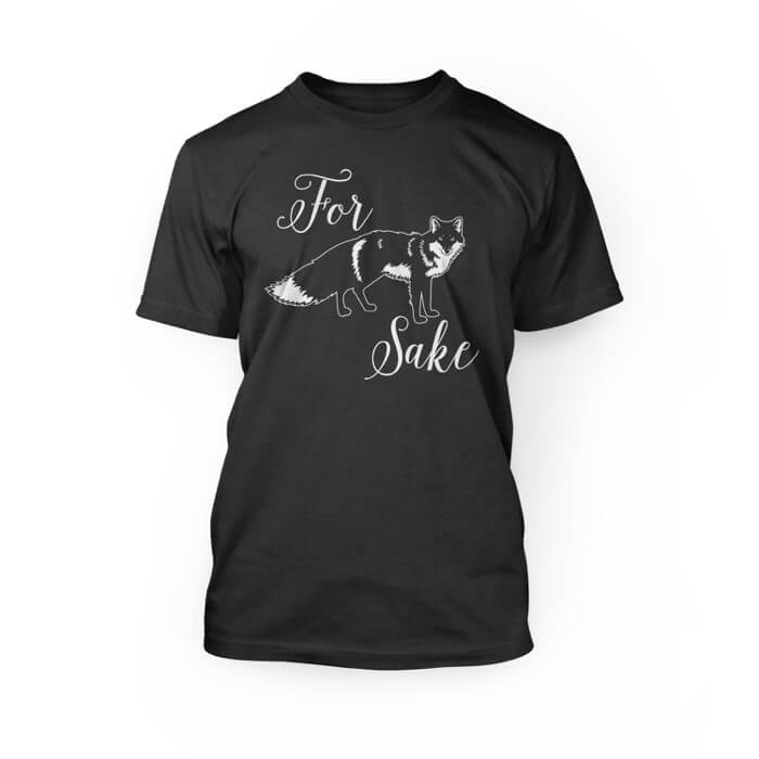 "pink for graphic of a fox sake cursive font design on the front of a dark grey heather crew neck unisex t-shirt"