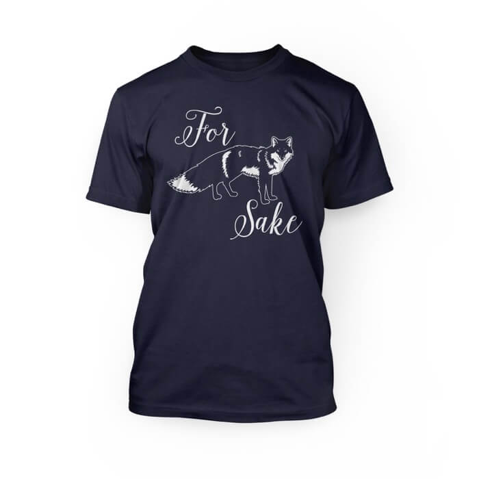 "pink for graphic of a fox sake cursive font design on the front of a navy crew neck unisex t-shirt"