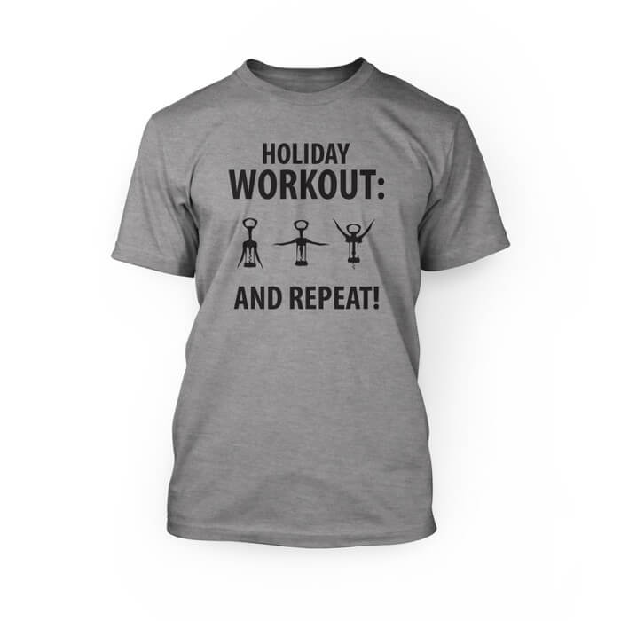 "black holiday workout design on the front of an athletic heather crew neck unisex t-shirt"