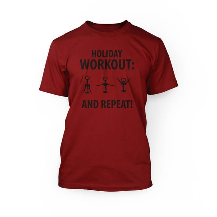 "black holiday workout design on the front of a red crew neck unisex t-shirt"