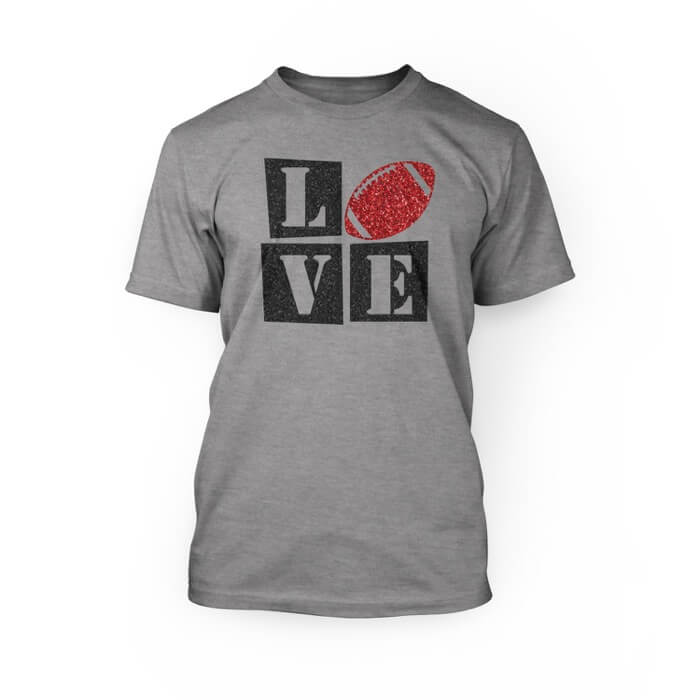 "red and black glitter love football design on the front of an athletic heather crew neck unisex t-shirt"