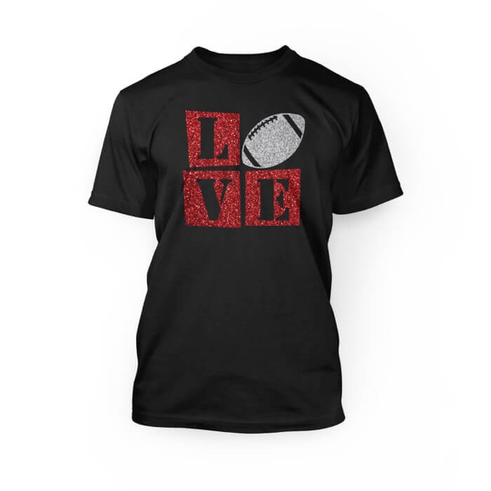 "red and silver glitter love football design on the front of a black crew neck unisex t-shirt"