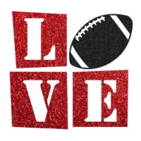"red and black glitter love football design on the front of a white image"