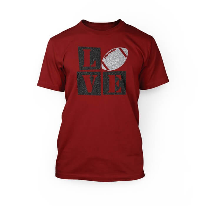 "silver and black glitter love football design on the front of a red crew neck unisex t-shirt"