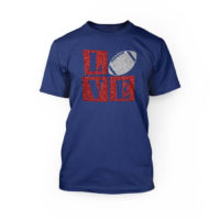 "red and silver glitter love football design on the front of a true royal crew neck unisex t-shirt"